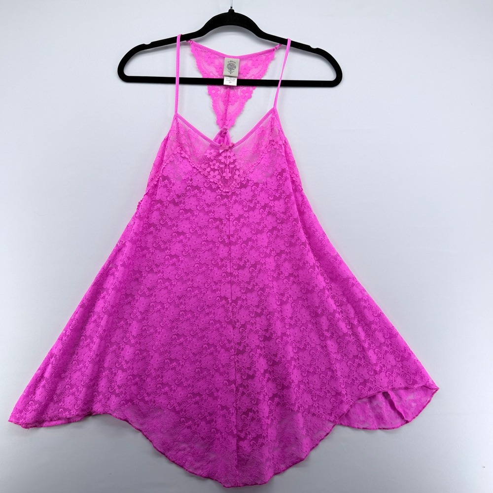 In Bloom by Jonquil Hot Pink Floral Lace Babydoll Chemise Racerback Small - Picture 3 of 5